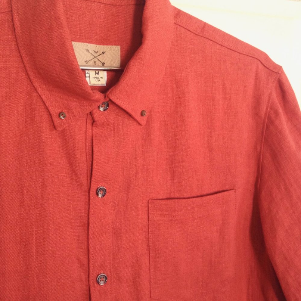 Handmade Bright Red-Orange High Quality Linen Short Sleeved Button-up, Medium